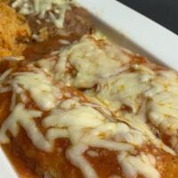 Enchiladas · Two enchiladas, served with rice and beans.