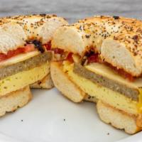 Breakfast Sandwich · Soy-Free. Gluten-Free Option. Bagel, sausage patty, egg patty, cheddar, tomato.
