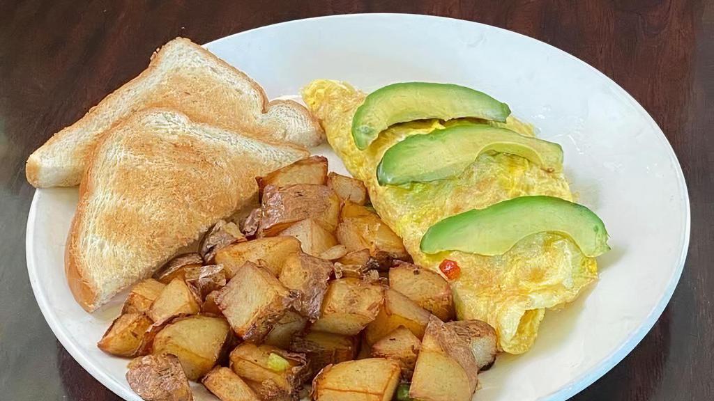 Veggie Omelette · Fresh mushrooms, tomato, onions, bell pepper and jack cheese topped with fresh avocado.