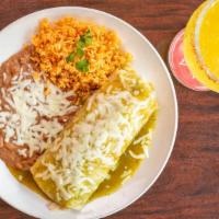 Carnitas Burrito · Large flour tortilla filled with pork, beans, jack cheese topped with tomatillo sauce and ch...