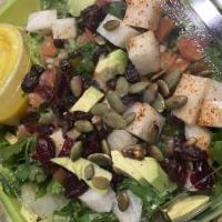 Quinoa Jicama Salad · Organic mixed greens, red onion, avocado, cilantro, tomato, raisins, jicama, pumpkin seed, c...