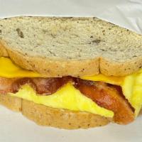 Keto Breakfast Sandwich · Keto Bread, egg, bacon, cheese, mayo.