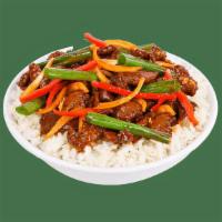 Spicy Korean Bbq Steak · Grass-fed, wok-seared steak, red bell peppers, onions, scallions and garlic. Tossed in a spi...