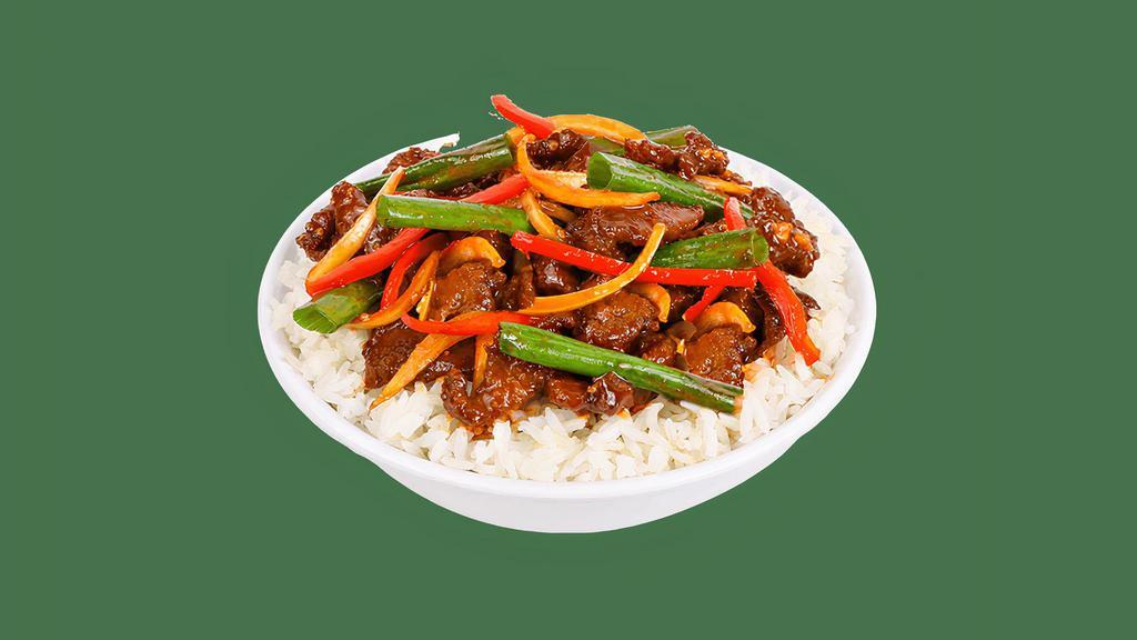 Spicy Korean Bbq Steak · Grass-fed, wok-seared steak, red bell peppers, onions, scallions and garlic. Tossed in a spicy Gochujang sauce.. [Very Spicy]