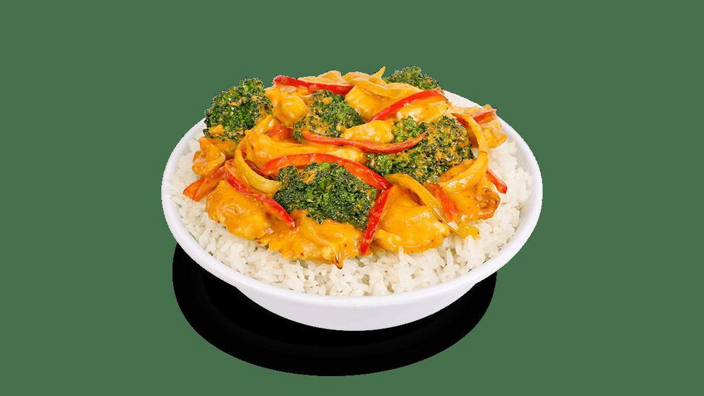 Thai Coconut Curry Chicken · Steamed white meat chicken, garlic, red bell peppers, onions and broccoli. Tossed in a creamy Thai coconut curry sauce.. [Somewhat Spicy]