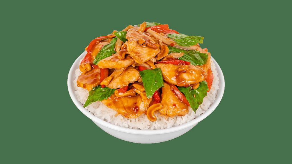 Thai Basil Cashew Chicken · Steamed white meat chicken, red bell peppers, onions, snow peas, garlic, and basil. Tossed in a mildly spicy hoisin sauce and topped with cashews..