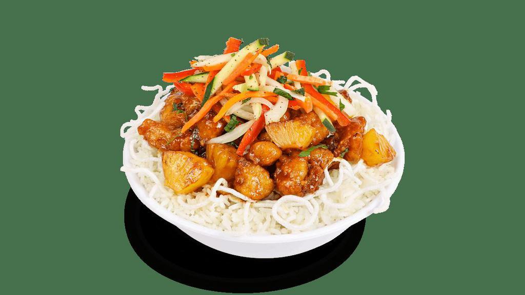 House Special Chicken · Crispy chicken, pineapple, garlic and mint, tossed in a tangy caramel sauce. Served over a bed of rice sticks and topped with an Asian slaw of cucumbers, red bell peppers, carrots, cilantro, and onions in a Vietnamese Vinaigrette.