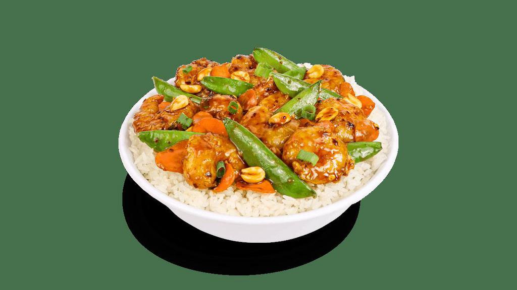 Kung Pao Shrimp · Crispy shrimp, garlic, carrots, snap peas, scallions, peanuts and chili flakes. Tossed in a chili soy sauce. . [Somewhat Spicy]