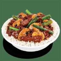 Gf Mongolian Steak · Grass-fed, wok-seared steak, garlic, scallions, and mushrooms. Tossed in a rich and sweet so...