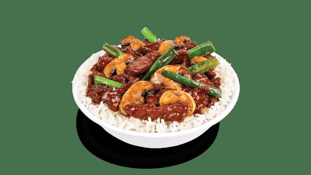 Gf Mongolian Steak · Grass-fed, wok-seared steak, garlic, scallions, and mushrooms. Tossed in a rich and sweet soy sauce..