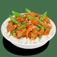 Gf Kung Pao Chicken · Crispy white meat chicken, garlic, carrots, snap peas, peanuts and chili flakes. Tossed in a...