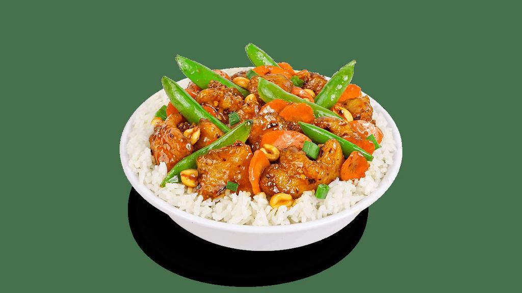 Gf Kung Pao Chicken · Crispy white meat chicken, garlic, carrots, snap peas, peanuts and chili flakes. Tossed in a chili soy sauce.. [Somewhat Spicy]