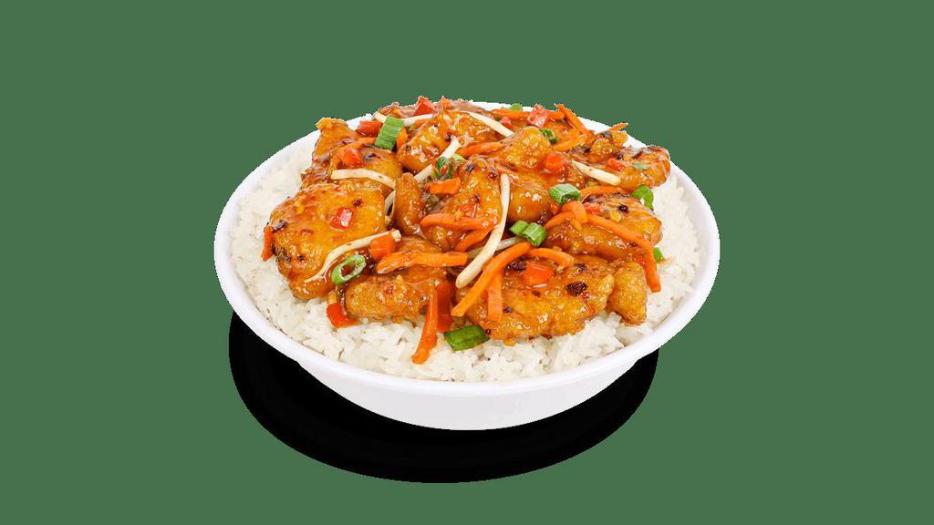 Spicy General Tso'S Chicken · Lightly battered chicken, garlic, carrots, red bell peppers, scallions and bean sprouts. Tossed in a Sriracha sesame sauce with chili paste, and chili flakes.. [Very Spicy]