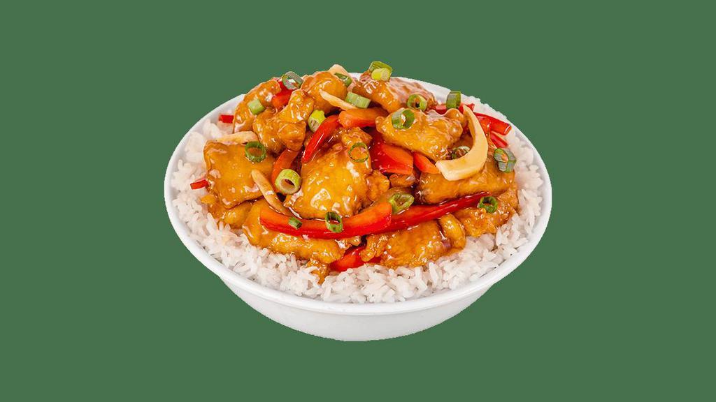 Teriyaki Chicken · Lightly battered chicken, red bell peppers, and onions. Tossed in a sweet soy glaze and topped with scallions..