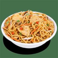 Chicken Lo Mein · Steamed white meat chicken, steamed noodles, bean sprouts, carrots, red bell peppers, shiita...