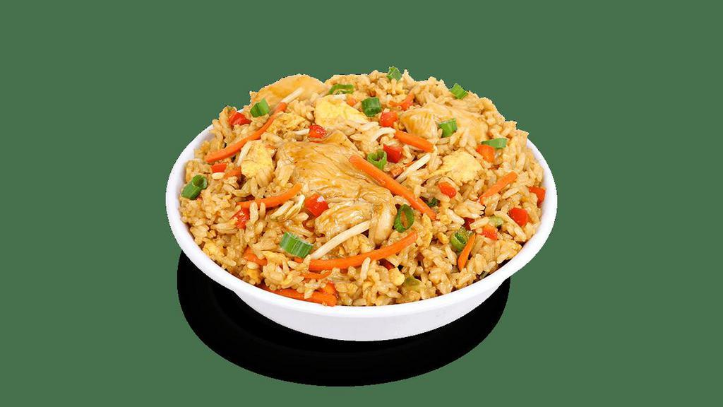 Gf Chicken Fried Rice · Tender, steamed white meat chicken, scallions, scrambled egg, red bell peppers, bean sprouts, carrots. Tossed in a savory soy sauce..