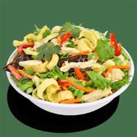 Asian Chopped Chicken Salad · Tender, hand-pulled white meat chicken, carrots, red bell peppers, cilantro, scallions and c...
