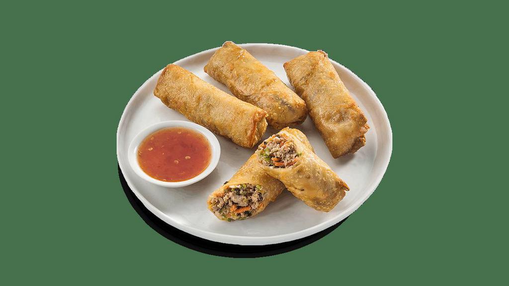 Pork Egg Roll · Hand-rolled, crispy egg rolls filled with seasoned pork, cabbage, black mushrooms, carrots and scallions. Served with a sweet chili sauce..