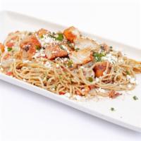 Chicken Pasta · Marinated to perfection boneless skinless chicken breast. Served with tomatoes, topped with ...