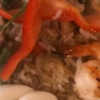 Green Curry Fried Rice · Pan-fried rice and prawns with green curry sauce, green bean, bamboo
shoot, bell pepper and ...