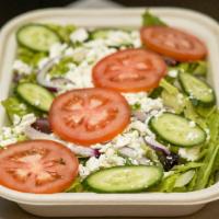 Greek Salad · Lettuce, tomatoes, onion, kalamata olives, cucumber, feta cheese, greek dressing.