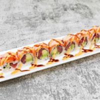 Bonsai Special Roll · Spicy. Tuna, avocado and cucumber topped with seared salmon and chefs special sauce.