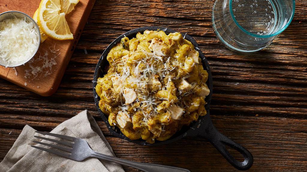 Chicken Pesto Mac And Cheese · Elbow macaroni with our classic cheese blend, pesto, and chicken.