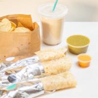 Chips & Salsa With Burritos  · Choose 3 burritos, 1 drink with chips and green salsa