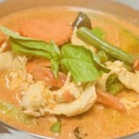 Golden Pumpkin Chicken Curry · Coconut cream broth, bell peppers, carrots, green bean, sweet basil, simmered in red house c...