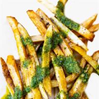 Garlic Parmesan Fries · seasoned fries + fresh organic garlic + parmesan cheese + chimichurri sauce