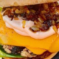 Vegan Smash Burger · house made patty ( soy free) caramelized onions + cheddar cheese + lettuce + pickles + class...
