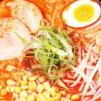 Spicy Miso Ramen · Pork Broth, Spicy Miso, Chashu, Egg, Green Onion, Corn, Bean sprouts