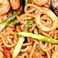 Seafood Udon Pasta · Sauteed Shrimp, Mussel, Squid, Asparagus with Spicy seafood seasoning