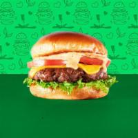 Veg-E-Licious Burger · Meatless burger patty, lettuce, tomato, and Veg-e-licious Sauce on a toasted bun