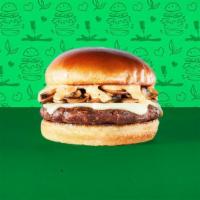 Truffl-E-Licious Burger · Meatless burger patty, sautéed mushrooms in truffle butter, pepper Jack cheese, and Veg-e-li...