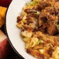 True South · mac’s cheese sauce, creamy cheddar, parmesan & pimento cheese, southern fried chicken, candi...