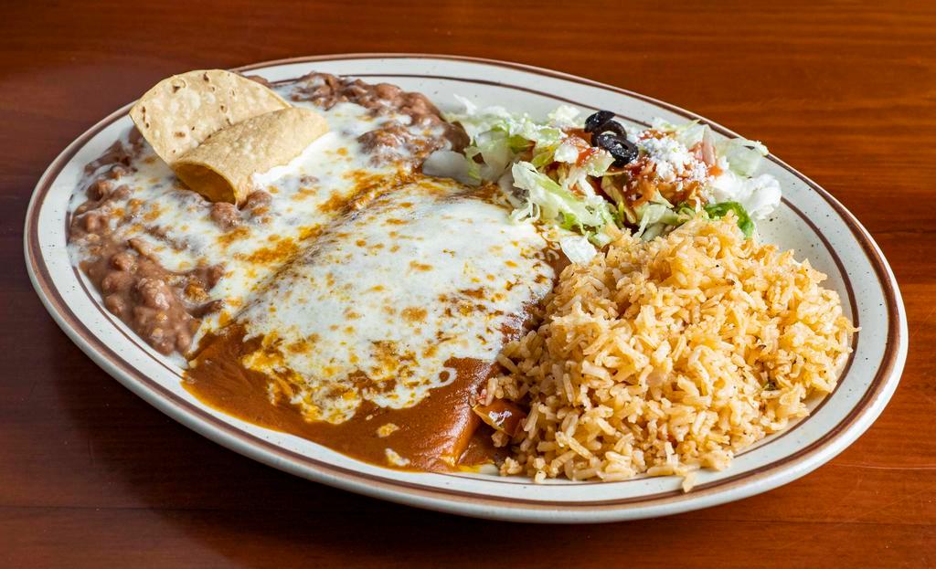 Two Cheese Enchiladas · Your choice of cheese, chicken (with sour cream), ground beef, or shredded beef.