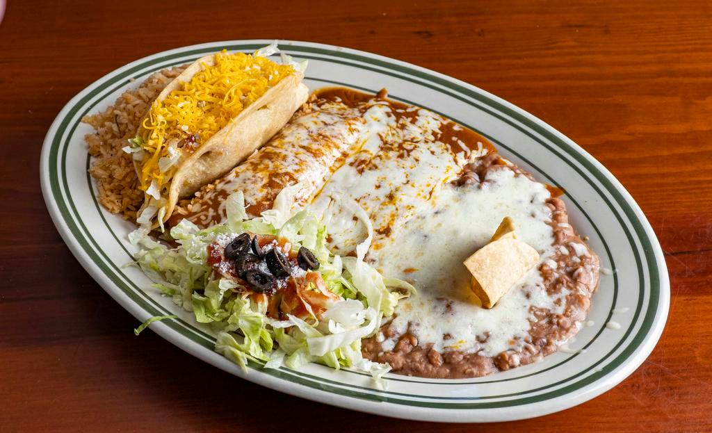 Three Item Combo · With 3 chile colorado, chile verde, chicana, or asada burritos for an additional cost. Does not include chimichangas, delicias tostadas, egg burritos.