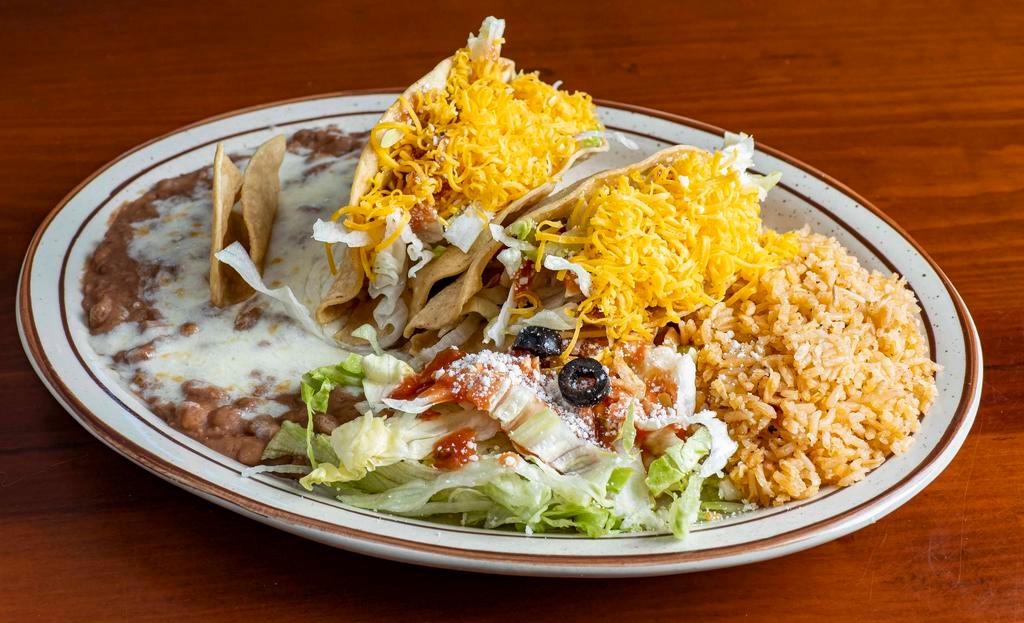 Two Crispy Tacos · Your choice of ground beef or chicken.