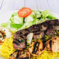 Chef'S Plate Lunch · Beef kebab, kafta kebab, and chicken kebab. Served with rice, hummus, and salad.