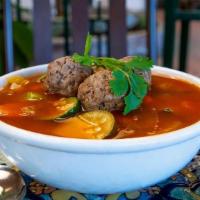 Albondiga Soup · Ground beef meatballs in broth with fresh carrots, squash, potatoes & celery. Served with ri...