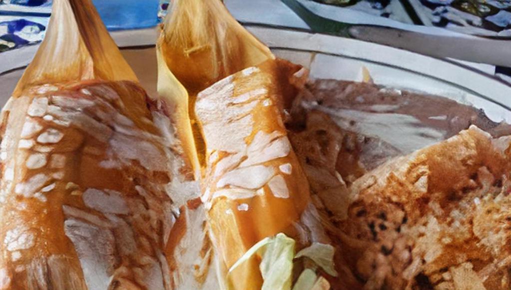Tamales · 2 Fresh corn masa wrapped in corn husk, filled with choice of Pork, Chicken or Beef covered with enchilada sauce and cheese.  Served with rice & beans