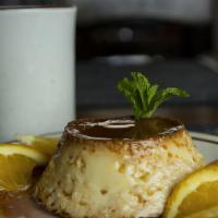 Flan · Sweetened egg custard with a caramel topping