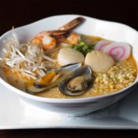 Spicy Seafood Ramen · Served with scallops, mussels, shrimp and green onion.