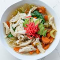Health Nut Noodle Soup · rice noodles, avocado, spinach, pickled ginger with your choice of shredded chicken breast o...