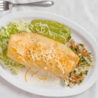 Chimichanga Style · With lettuce, sour cream, pico de gallo, cheese and guacamole.  Choice of meat shreded beef,...