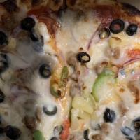 Deluxe · Pepperoni, sausage, onions, green pepper, olives, and pineapple.