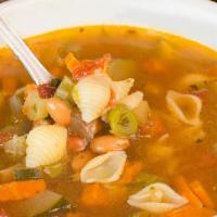 Minestrone Soup · Housemade vegetable broth soup with mixed vegetables and pasta. Served with fresh baked bread.