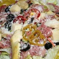 Antipasto Salad · Assorted mixed greens, cold cuts, olives, cannellini beans, artichoke hearts, tomato, red on...