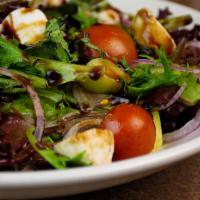 Caprese Salad · Gluten free. Mixed field greens, fresh mozzarella, cherry tomatoes, cucumbers, basil, Italia...